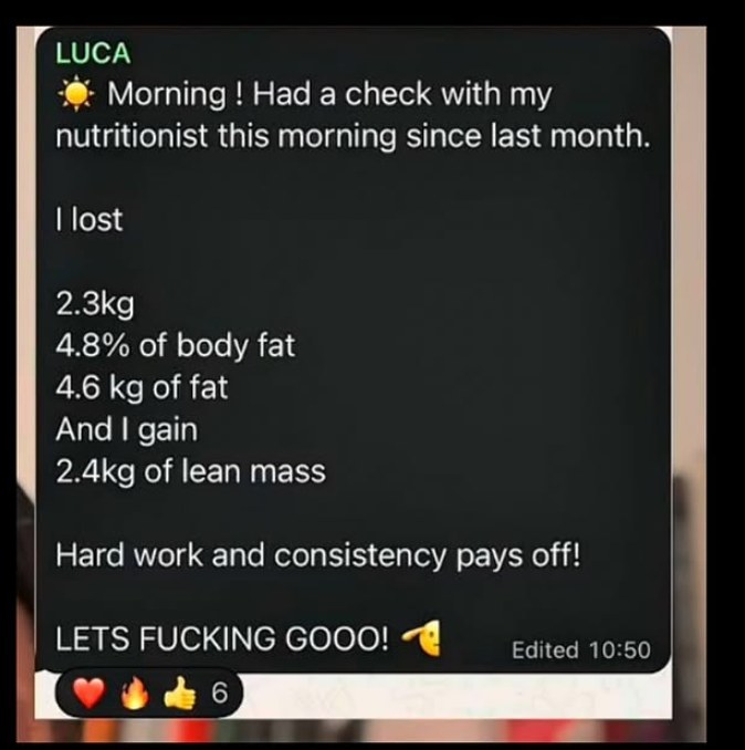 Luca's WhatsApp message: I lost 2.3kg, 4.8% of body fat, 4.6kg of fat, and I gain 2.4kg of lean mass