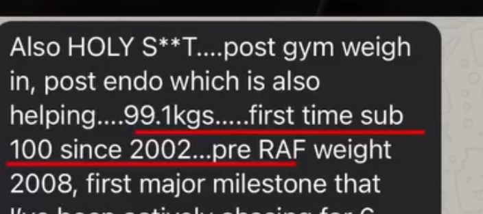 WhatsApp message: first time sub 100 since 2002, first major milestone actively chased for 6 years
