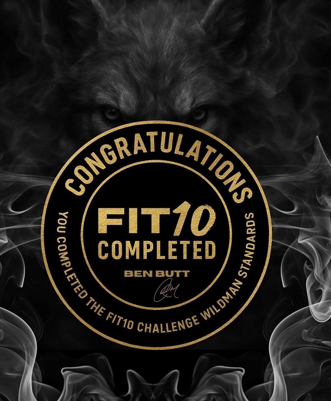 FIT10 completed badge with Ben Butt's name, Wildman standards